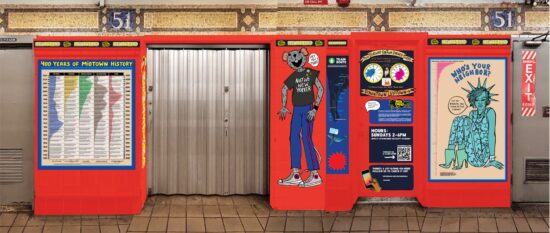 A newsstand in a subway station, covered in drawings and informational signs