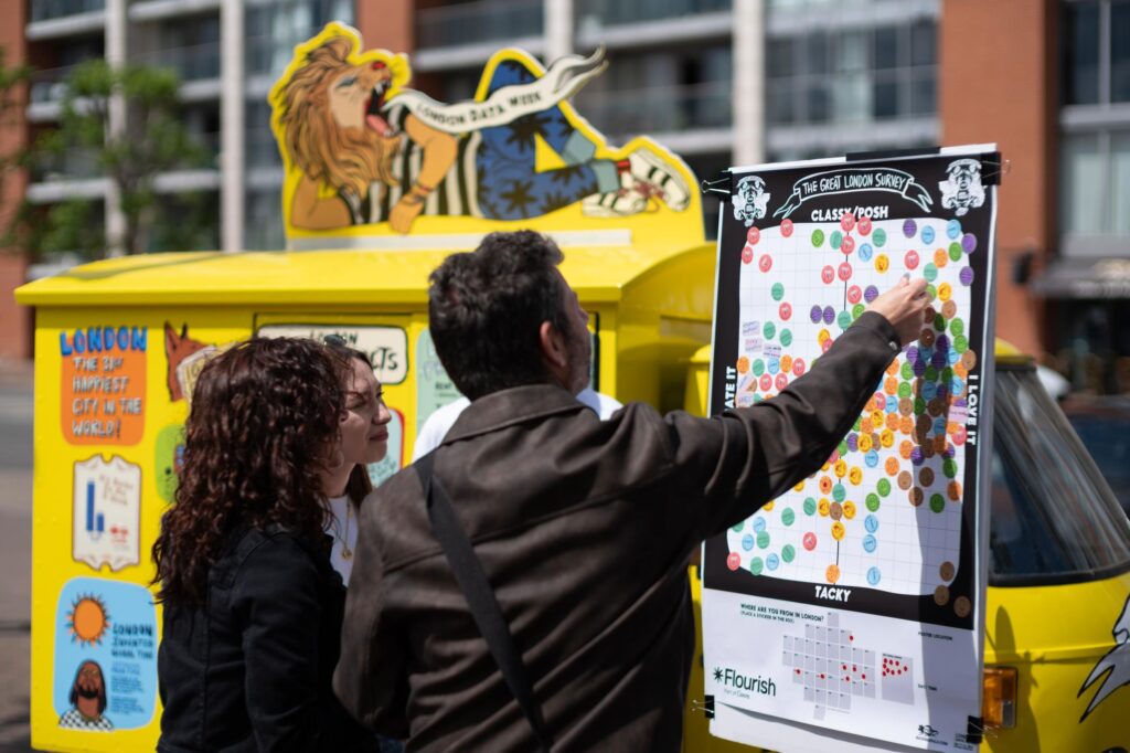 Three people looking at a standing sign in front of a small yellow vehicle