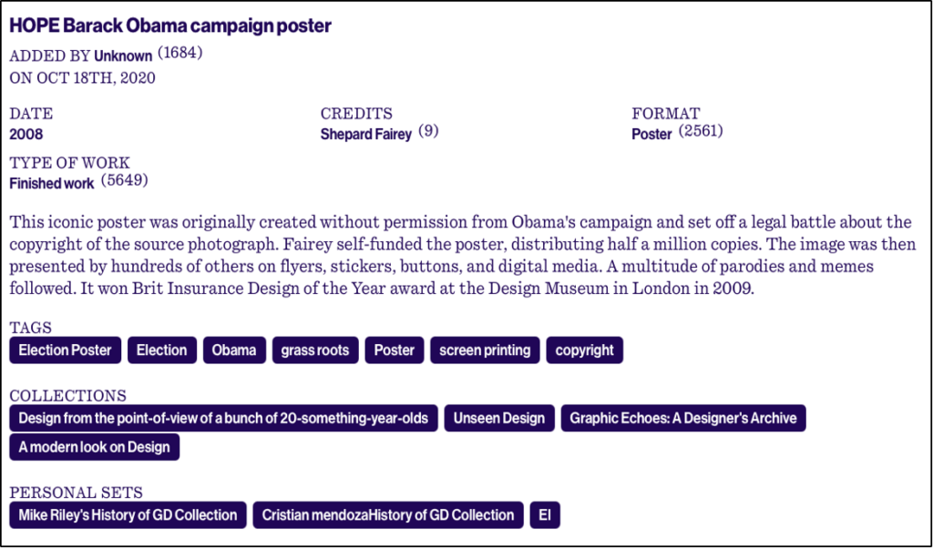 Screenshot of a submission to The People’s Graphic Design Archive including the title, description, tags, collections, and personal sets.
