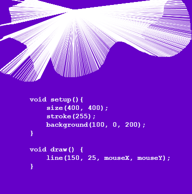 A graphic of a white abstract drawing and code on a bright purple background