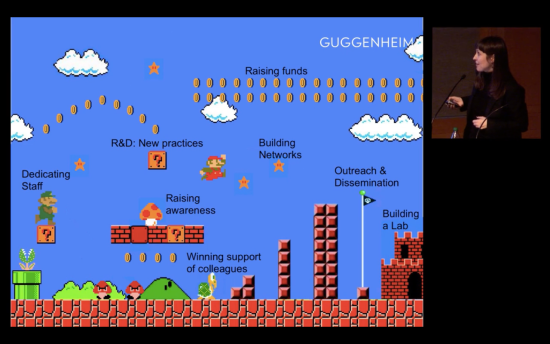 A screenshot of the video game Super Mario Bros and a photograph of a woman presenting