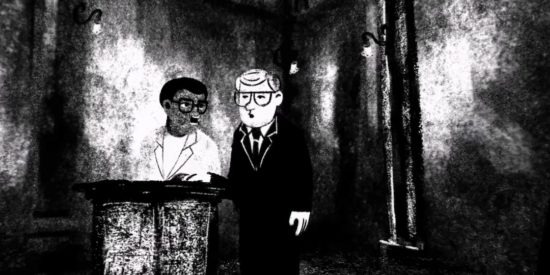 A black and white cartoon of two men standing next to each other