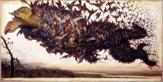 A painting of hundreds of birds swarming around a tree branch and lifting it up above a landscape towards the sky.