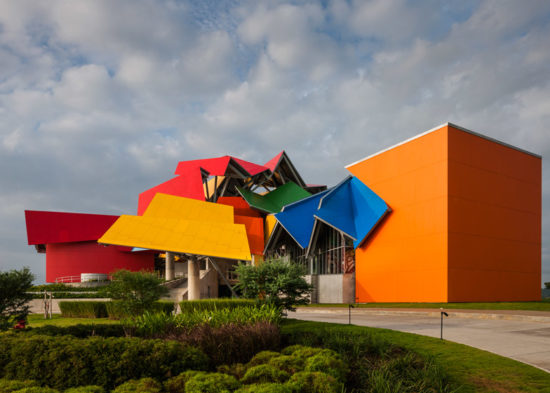 View of the colorful facade of the Biomuseo in Panama
