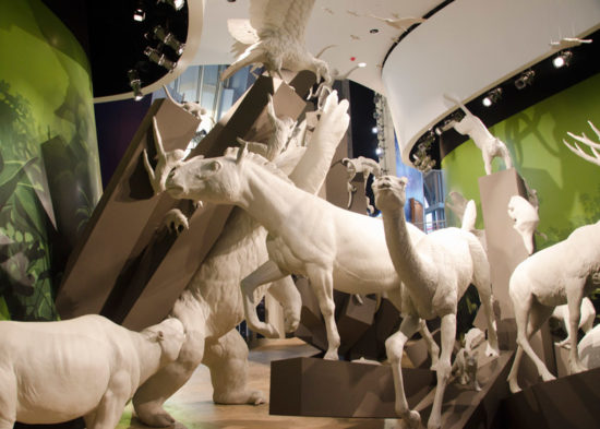 A photograph of a room filled with white sculptures of animals.