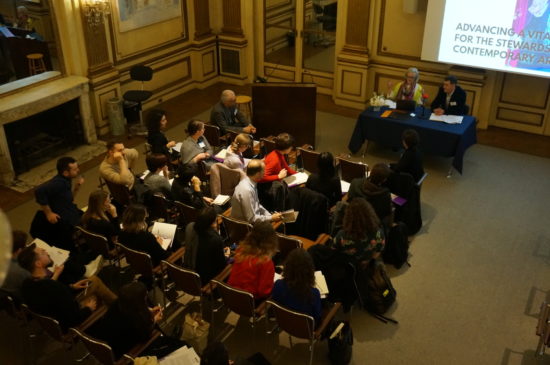 Jill Sterrett and Jess Rigelhaupt speak to participants during VoCA's Artist Interview Workshop held at the NYU Institute of Fine Arts in 2019