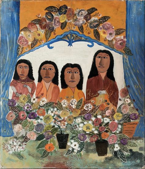 A cartoonish painting of 4 woman with dark hair with a multitude of potted flowers