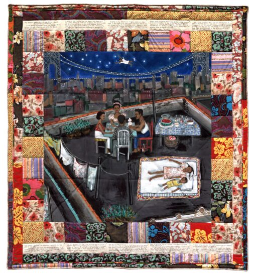 A story quilt by Faith Ringgold titled "Woman on a Bridge #1 of 5: Tar Beach", from 1988