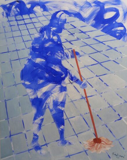 A painting of a blue woman mopping a floor.