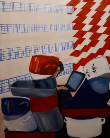 A painting of a woman hiding behind a tall pile of dishes.