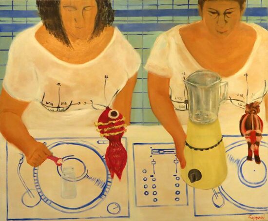 A painting called Complementary Feeding II, showing two women at a DJ booth.