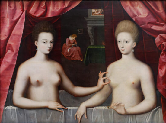 A 16th century painting of two nude woman where one woman pinches the other's breast.