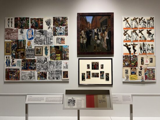 Multiple artworks installed on a single wall