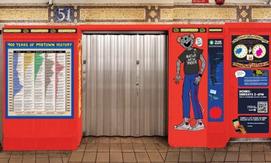 A newsstand in a subway station, covered in drawings and informational signs