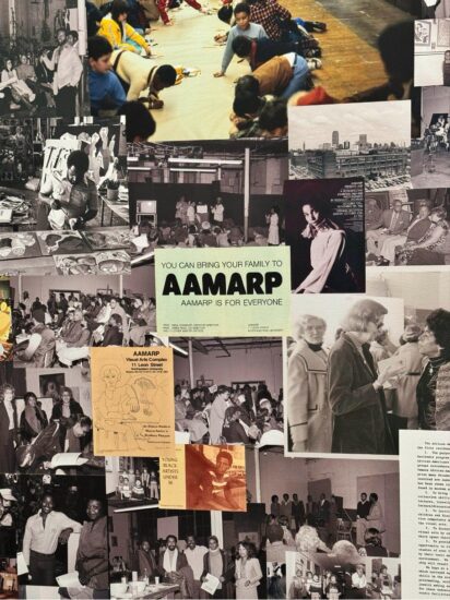 A collage of photographs and documents about AAMARP on a gallery wall.