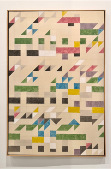 Large canvas with geometric formations of black, pink, yellow, green and blue squares and triangles.