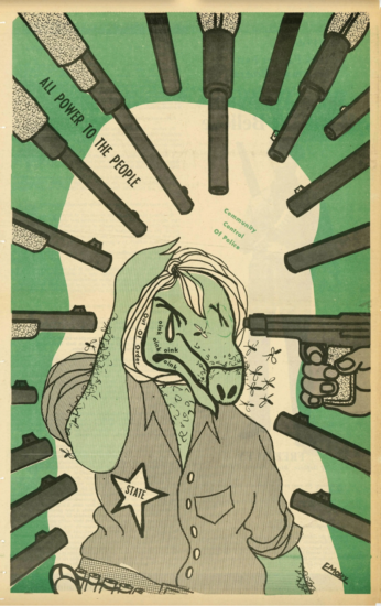 Photo of illustrated green animal surrounded by gun barrels with headline reading “All Power to the People”.