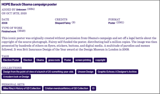 Screenshot of a submission to The People’s Graphic Design Archive including the title, description, tags, collections, and personal sets.