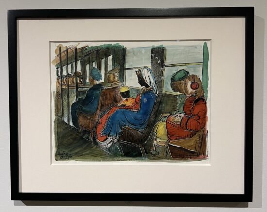 Watercolor with ink picturing the interior of the Green Line cart with a Black Madonna seated carrying baby Jesus.