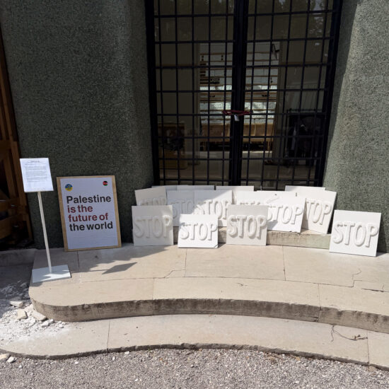 Signs leaning against a building