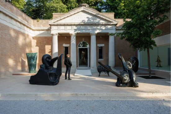 Sculptures installed in a courtyard